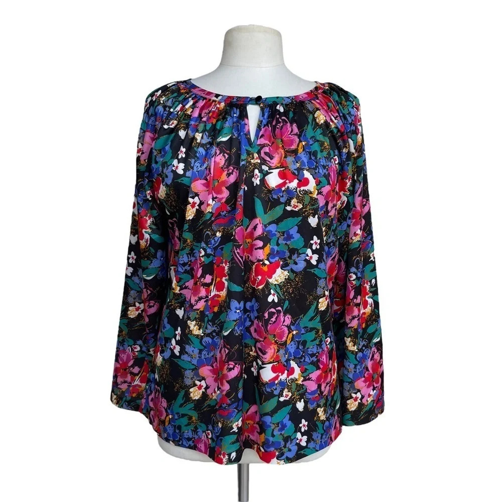 UNBRANDED Size L Black Floral Vintage Key-hole Flare Long Sleeve Peasant Blouse